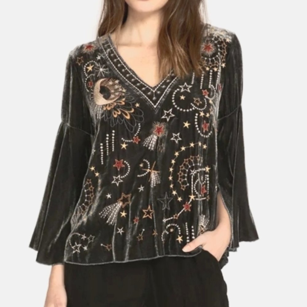 Johnny Was Callisto VELVET SWING BLOUSE Steel Gray Sz Medium, gently worn